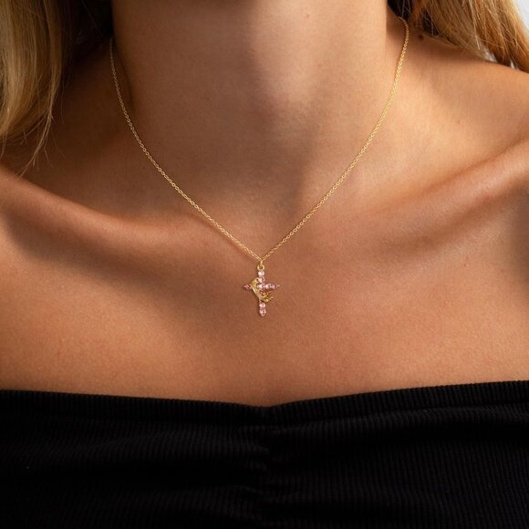 Perfect Gift Women Crown M10 Tourmaline Cross Necklace Gold Plated Faith Jewelry - Picture 2 of 8